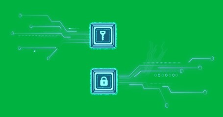 Wall Mural - Animation of computer circuit element with online security key on transparent background