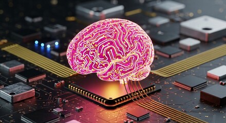 AI brain connects to computer chip circuitry for futuristic technology concept