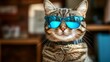 © Chaikit - humorous feline fashion shot, cat with cool attitude wearing reflective blue sunglasses, centered composition, playful expression