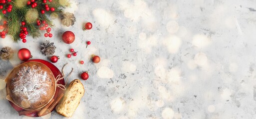 Wall Mural - Tasty Panettone with Christmas decor on grunge background with space for text