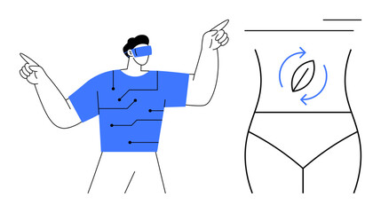 Man in VR headset interacts with digital body interface, pointing at anatomical diagram. Ideal for healthcare, training, innovation, education, body wellness, tech and futuristic themes. Simple flat