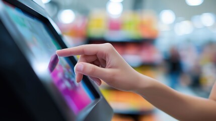 Person's hand pressing a button on a touch screen in a store. the touch screen is black and the background is blurred, but it appears to be a store with shelves of colorful items in the background.