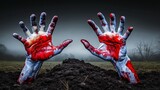 Terrifying zombie hands breaking through soil in dark misty landscape