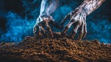 Terrifying zombie hands breaking through soil in dark misty landscape