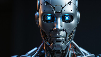 Close up of a futuristic metallic humanoid robot with glowing blue eyes