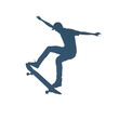© Richafuji - A silhouette of a skateboarder in mid-air, performing a trick. The design is set against a transparent background, rendered in shades of blue. Depicts action, sport, and recreational lifestyle.