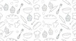 © yahya - A seamless black and white pattern of hand-drawn baking and kitchen utensil doodles on a white background.
