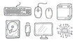 © yahya - Black and white illustration of computer hardware components and peripherals.