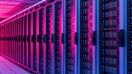 Modern server room with vibrant pink and blue lighting showcasing data processing and cloud infrastructure for innovative tech company solutions