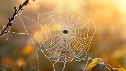 Delicate spiderweb with water droplets illuminated by sunlight
