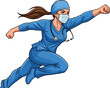 © Frd Art - Superhero nurse flying in scrubs, medical mask, stethoscope, healthcare hero illustration, cartoon doctor, pandemic frontline worker, hospital courage