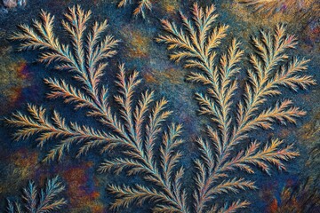 Wall Mural - Abstract fractal branches with vibrant colors on textured dark background, resembling frost or feathers in glowing light patterns. Ai generative