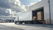 © damar yana - A white semi-truck is backed up to a loading dock at an industrial warehouse, with a worker preparing to load boxes onto the trailer under a cloudy sky.