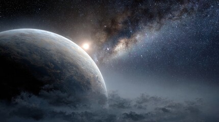 Wall Mural - A celestial view of a planet with a glowing star and Milky Way galaxy in the background