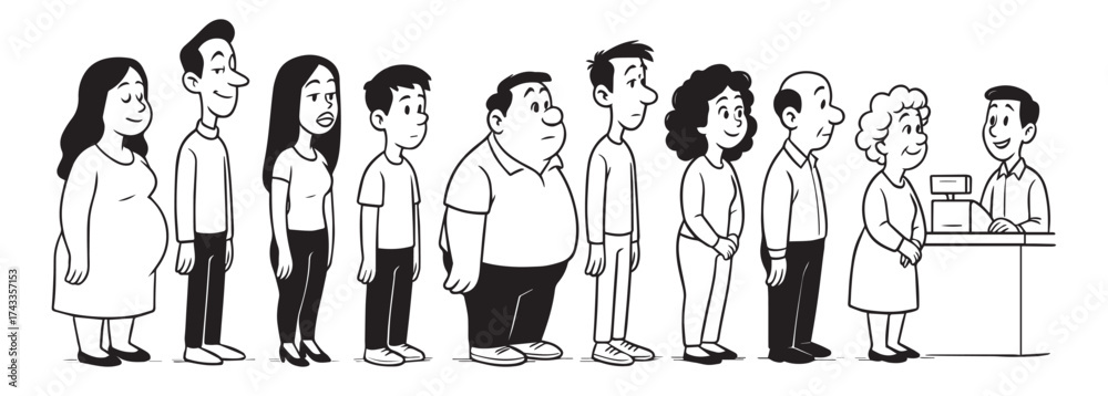 Queue Drawimage Line of people in supermarket queue vector black and white drawing ...