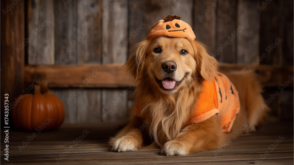 Golden retriever dog in pumpkin costume for halloween cute pet ...
