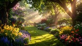 Sunlit pathway in a vibrant garden filled with diverse colorful flowers and towering trees, bathed in ethereal light