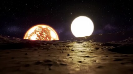 Wall Mural - Exotic alien planet surface with two suns over rocky landscape in outer space