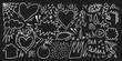 © Alena creator - Doodle punk illustration set. Crayon pencil draw in  sketchy style. Blackboard chalk art. Hearts, eyes, clouds, speech bursts, and grunge symbols. Vector collage, comic, urban street design.