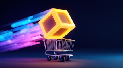 Wall Mural - Dynamic Shopping Experience with Neon Cube Emerging from a Shopping Cart in a Futuristic Digital Environment