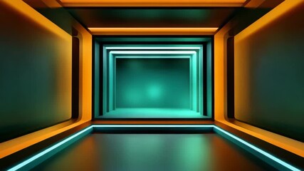 Wall Mural - Futuristic corridor glowing orange blue neon light vibrant dynamic modern geometric interior tunnel effect immersive reflections floor dark space design