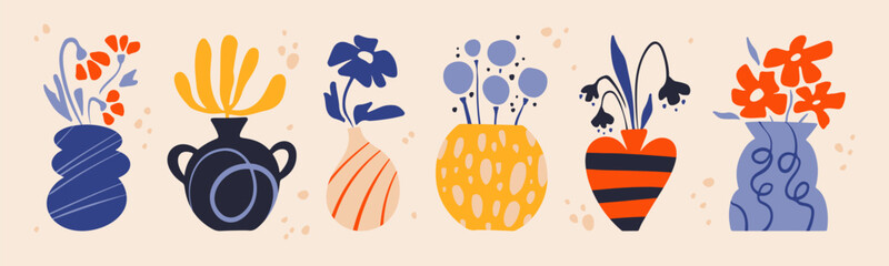 Doodle style vase set with flower arrangements for home decor and botanical illustrations. Colorful pottery containers with abstract blooms, striped patterns and hand drawn textures for greeting cards