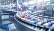 © saya - Multicolored capsules moving along a conveyor belt inside a modern pharmaceutical manufacturing facility