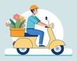 © Shofikul islam - Delivery man riding a red scooter cartoon illustration.