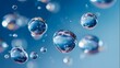 © rehan - Captivating image showcases several transparent water droplets, varying in size, suspended against a soft, gradient blue backdrop, with light reflecting off the water surfaces and creating small,...