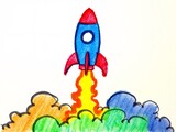 A crayon drawing of a rocket launching with flames.