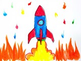 A crayon drawing of a rocket launching with flames.