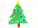 A crayon drawing of a Christmas tree with a star and ornaments.