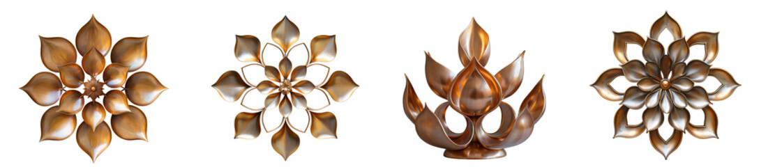 A collection of four ornate, metallic, starshaped and floral decorative elements, isolated on transparent background