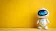 © rehan - A charming, friendly-looking robot character stands on a solid yellow background, exhibiting glowing blue eyes and a playful appearance, showcasing a futuristic, technological concept with creative...