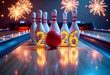 Bowling alley scene with illuminated numbers 2026, bowling pins, and a red ball. Colorful fireworks in the background create a festive atmosphere.