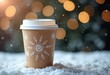 © Ksu - A disposable coffee cup with a snowflake design sits in fresh snow. Soft bokeh lights create a warm, festive atmosphere in the background. copy space