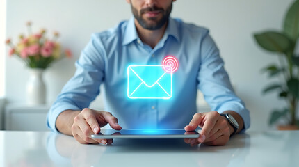 Professional man engaging with a vibrant digital email notification projected from his tablet, symbolizing critical online communication and modern business efficiency