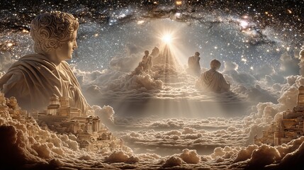 Wall Mural - Ascension: An ethereal scene of ascending figures, bathed in celestial light, climb towards a radiant glow amidst a cloudscape.