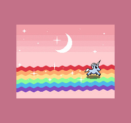 Wall Mural - Little Unicorn running in Rainbow waves at Pink Pastel Sky atmosphere, Pixel Art Illustration