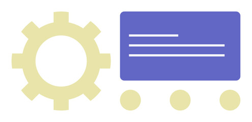 Gear symbol beside interface panel with text lines and dots emphasizing technology, automation, and workflow management. Ideal for engineering, software development, strategy, innovation, teamwork