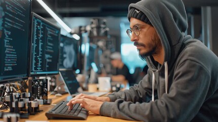 Wall Mural - Focused programmer analyzing code on multiple screens.