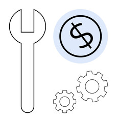 Wrench, dollar coin, and gears symbolize financial tools, wealth management, and economic operations. Ideal for business, finance, strategy, growth planning innovation and simple flat metaphor