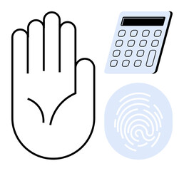 Wall Mural - Outlined hand, fingerprint scan, and digital authentication device represent biometrics in security and fintech. Ideal for technology, security, identity, fintech, accessibility, innovation data