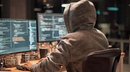 Focused programmer working on multiple screens.