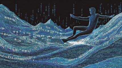 Man on a hoverboard rides a wave of binary code in a thrilling digital adventure