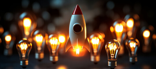 Wall Mural - 3d rocket flying among light bulbs, a new idea of a business concept of creativity and innovation 