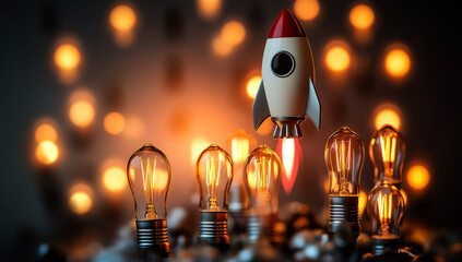 Wall Mural - 3d rocket flying among light bulbs, a new idea of a business concept of creativity and innovation 