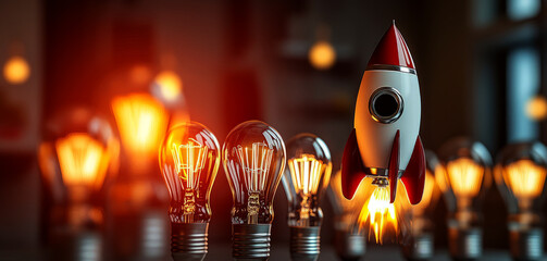 Wall Mural - 3d rocket flying among light bulbs, a new idea of a business concept of creativity and innovation 