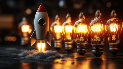 Wall Mural - 3d rocket flying among light bulbs, a new idea of a business concept of creativity and innovation 