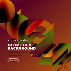 Wall Mural - Abstract geometric background features vibrant overlapping shapes. Red, green, yellow hues create dynamic visual effect. Text present.
